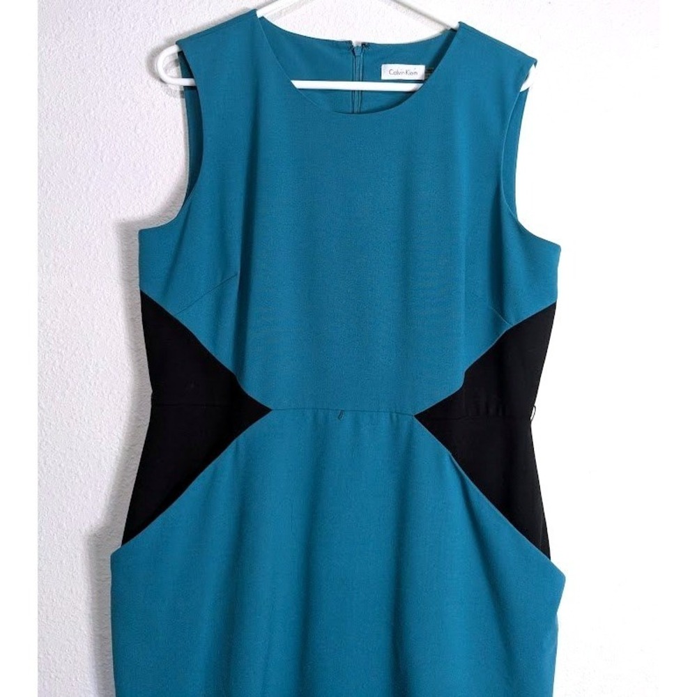 Calvin Klein Dress Size 14  Teal Blue Black Colorblock Sleeveless Sheath - Picture 3 of 9